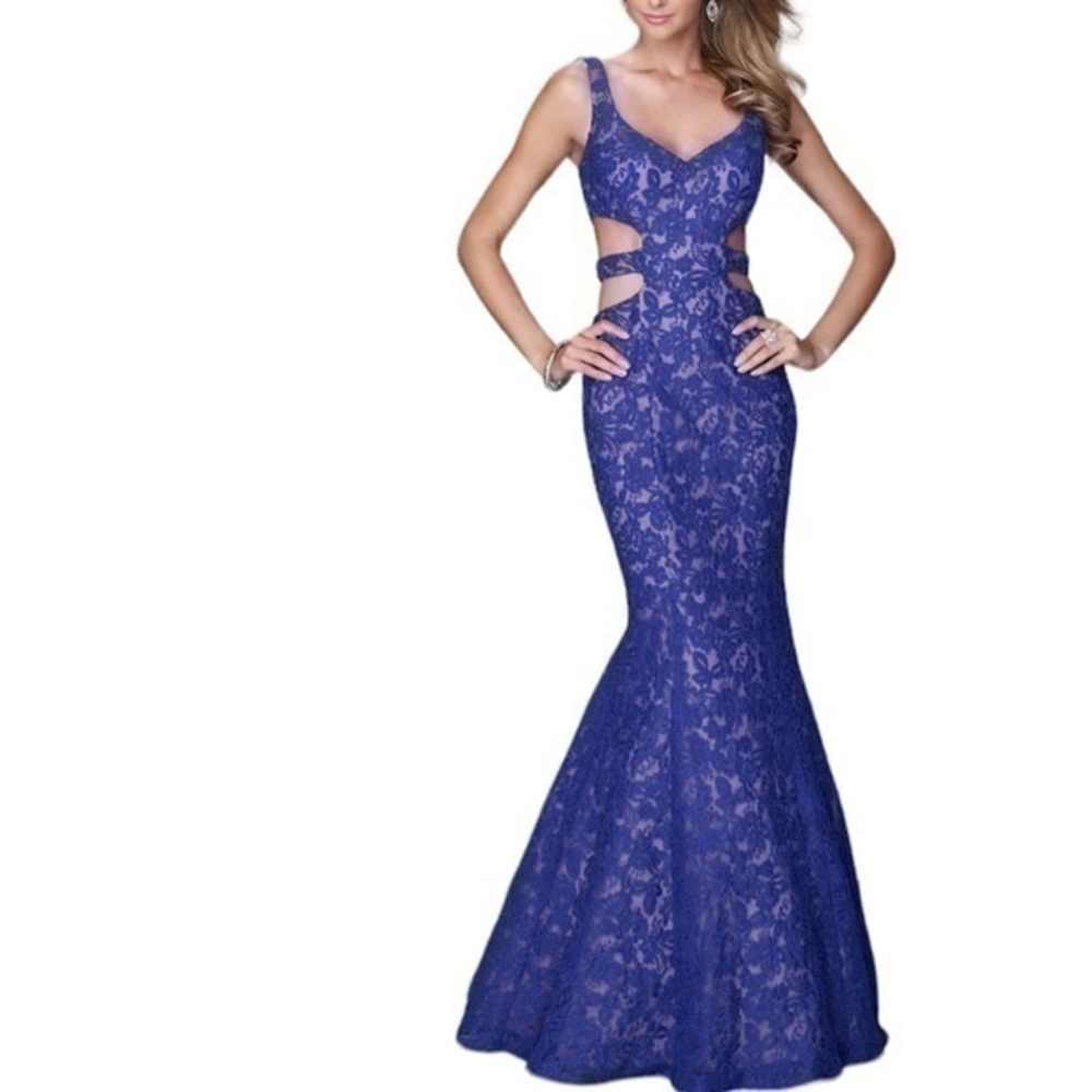 LA FEMME Indigo lace cut out mermaid gown